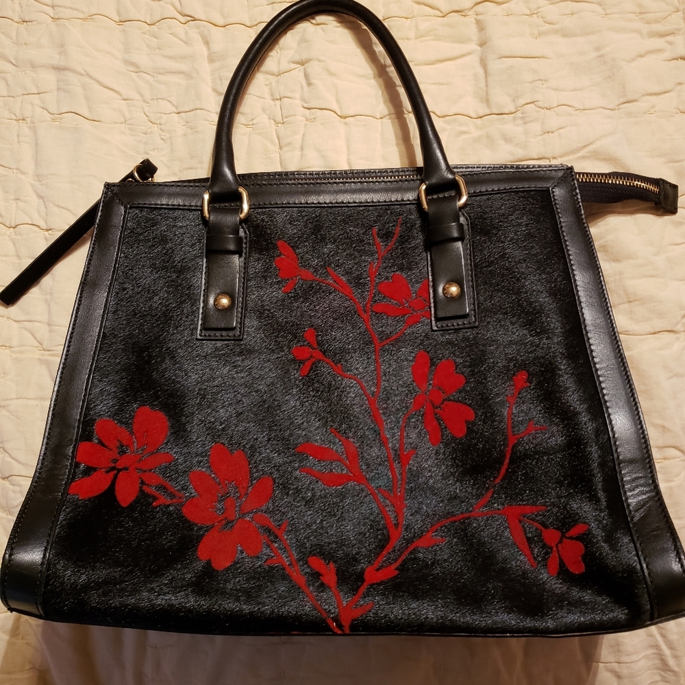 Black and Red Floral Leather Purse